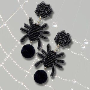 Fur Pom-Pom Spider on a Web Seed Beaded Black Goth Halloween Earrings